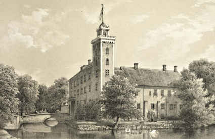Litografi från 1850-talet av Tosterups slott med borgtornet och vallgraven