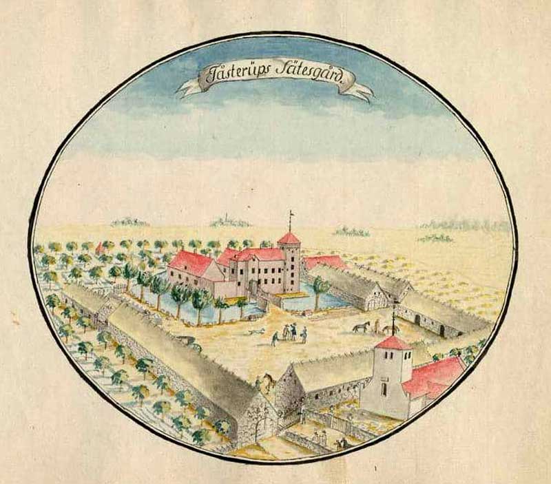 Akvarell från cirka 1780 som visar Tosterups sätesgård med slott, ekonomibyggnader och trädgårdar